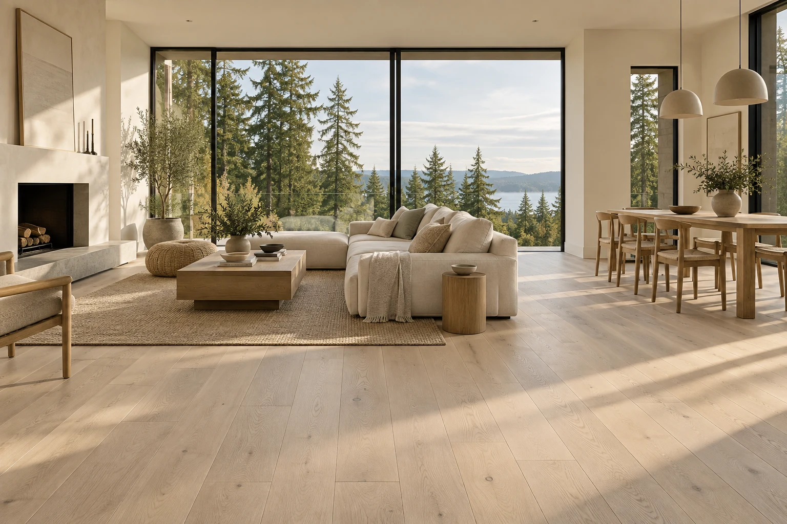 Sunlit contemporary interior with natural oak flooring and large windows overlooking evergreen trees