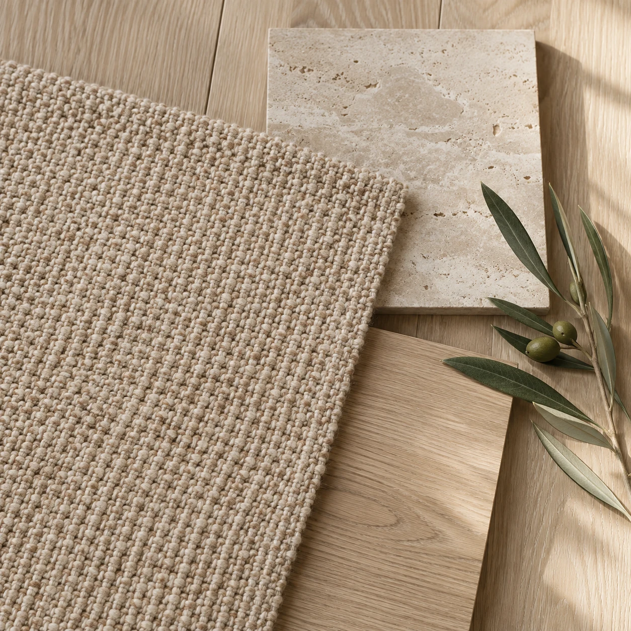 Neutral woven textile, wood and stone material samples